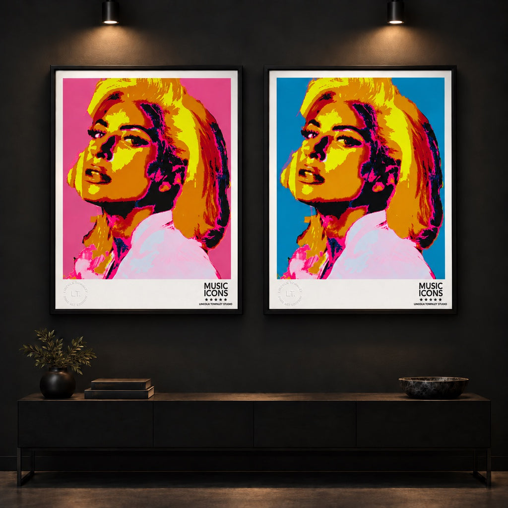 Lady Gaga diptych framed on a dark gallery wall