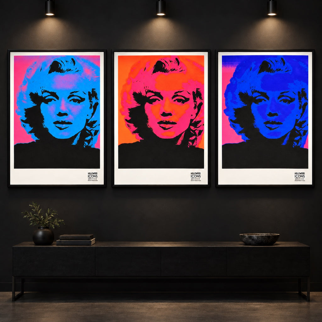 Marilyn Monroe ICON Collection triptych framed on a dark gallery wall