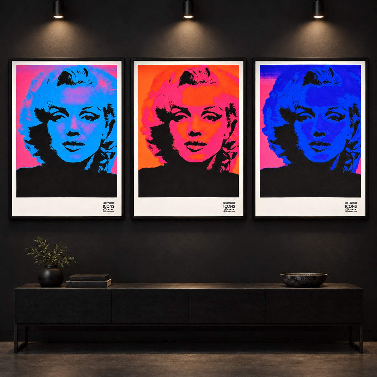 Marilyn Monroe ICON Collection triptych framed on a dark gallery wall