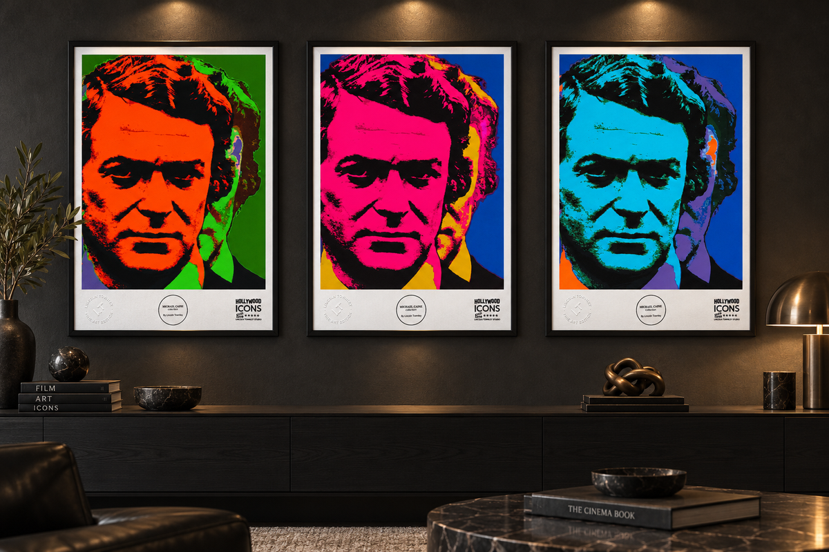 Michael Caine Get Carter triptych framed in a dark contemporary interior