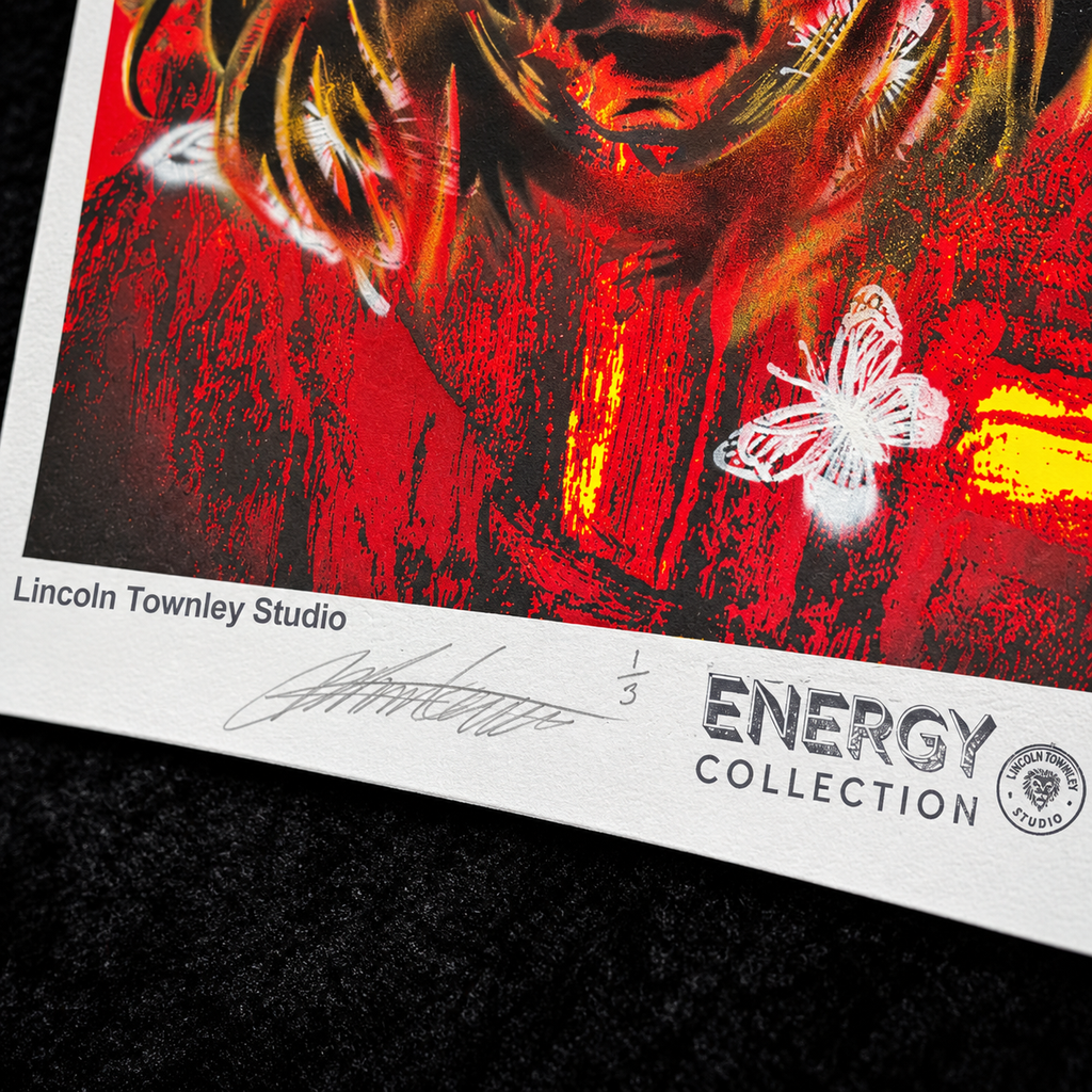 Close-up of the signature, edition number and studio stamps on Skull Banker Print 01 — Red Butterfly