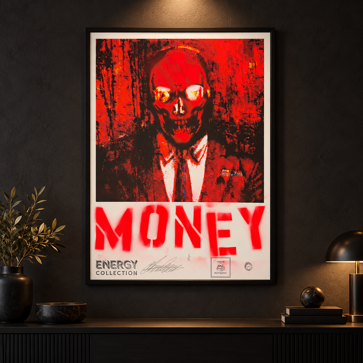 Skull Banker Print 02 — Money displayed in a black frame on a dark gallery wall