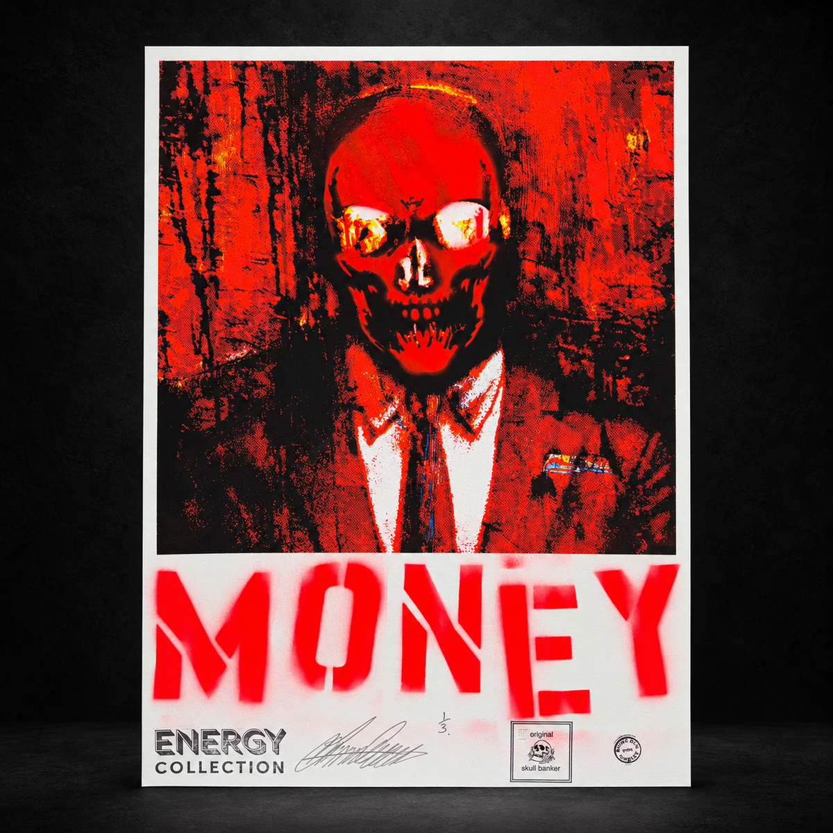 Skull Banker Print 02 Money — A2 screen print on black gallery background