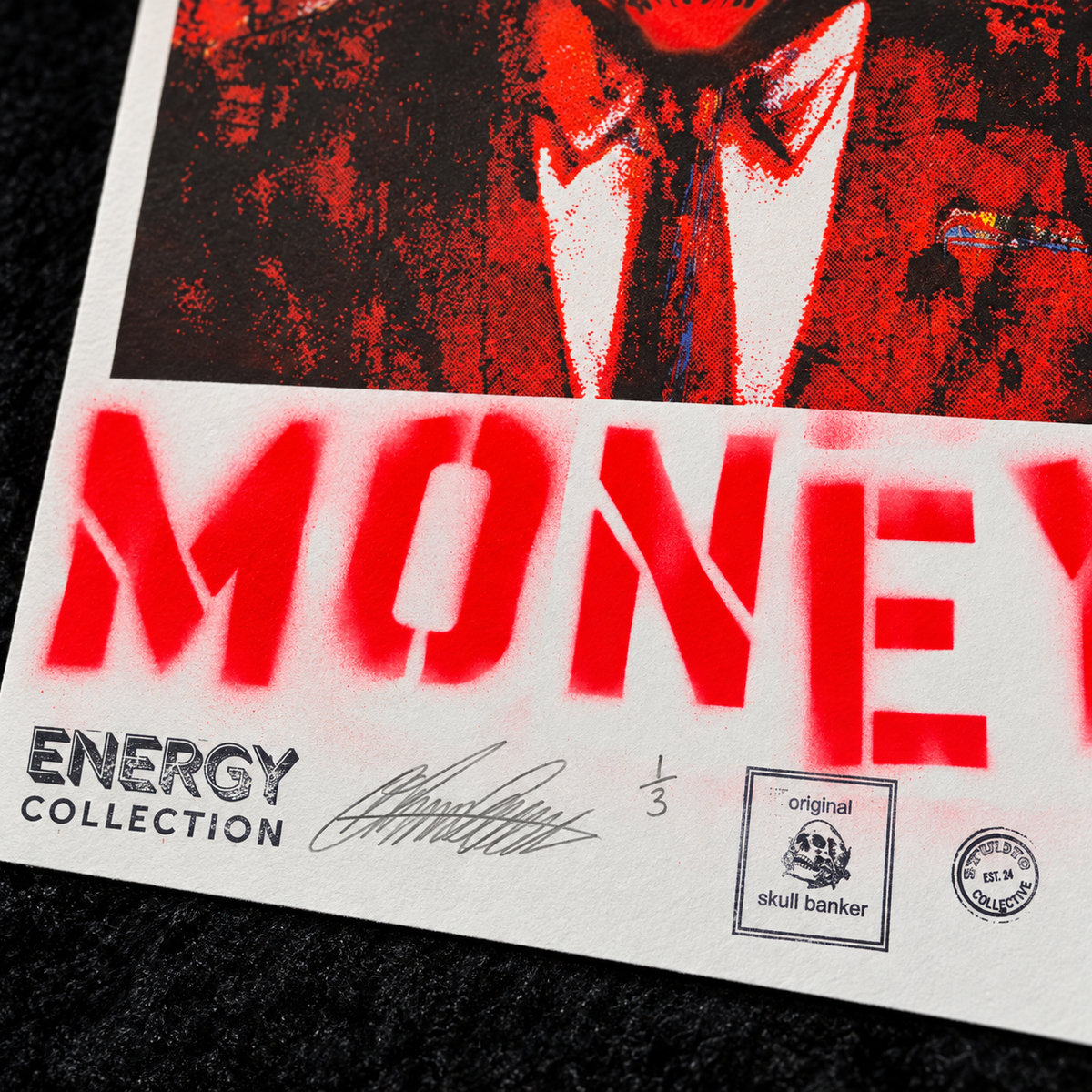 Close-up of the signature, edition number and studio stamps on Skull Banker Print 02 — Money