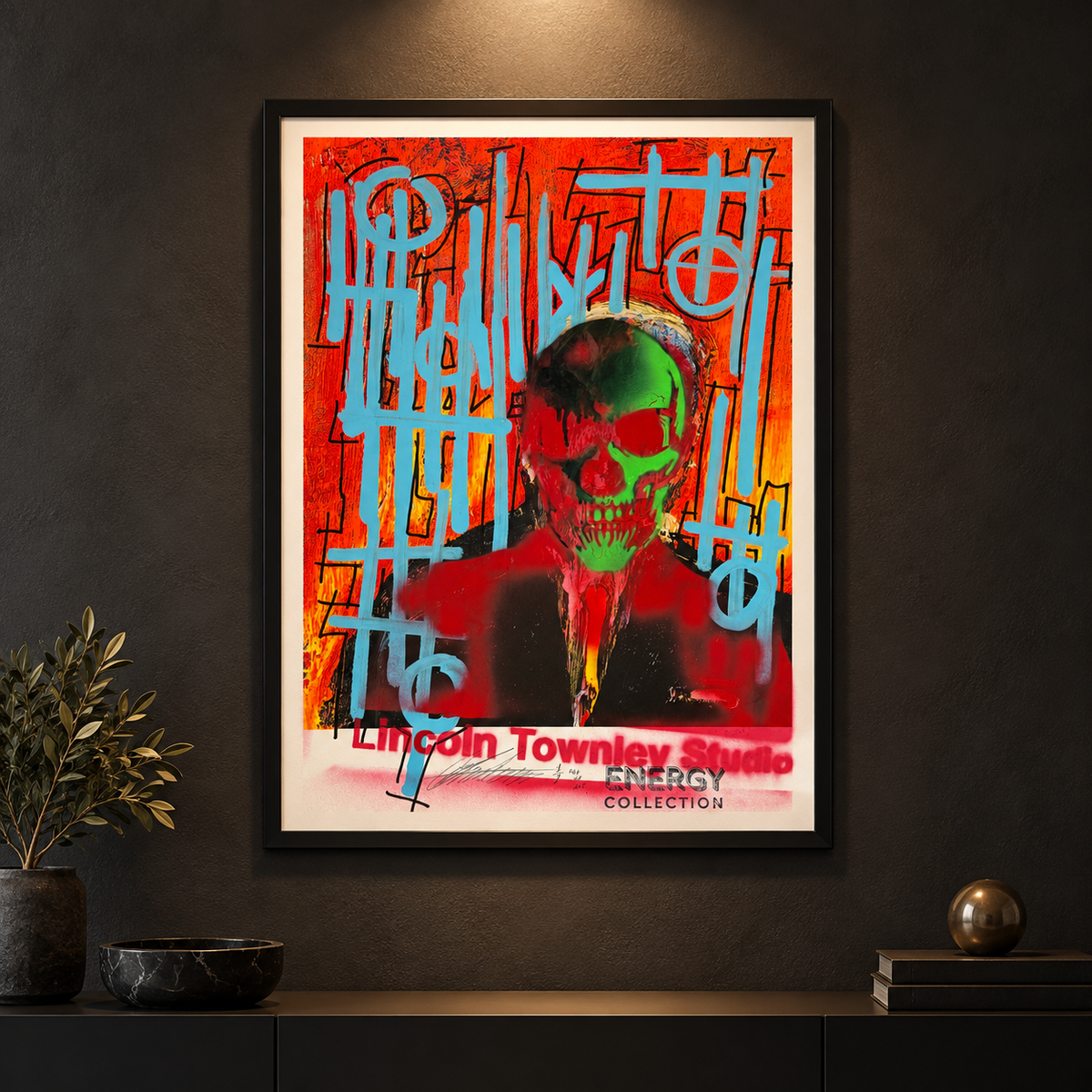 Skull Banker Print 03 — Energy Lines displayed in a black frame on a dark gallery wall
