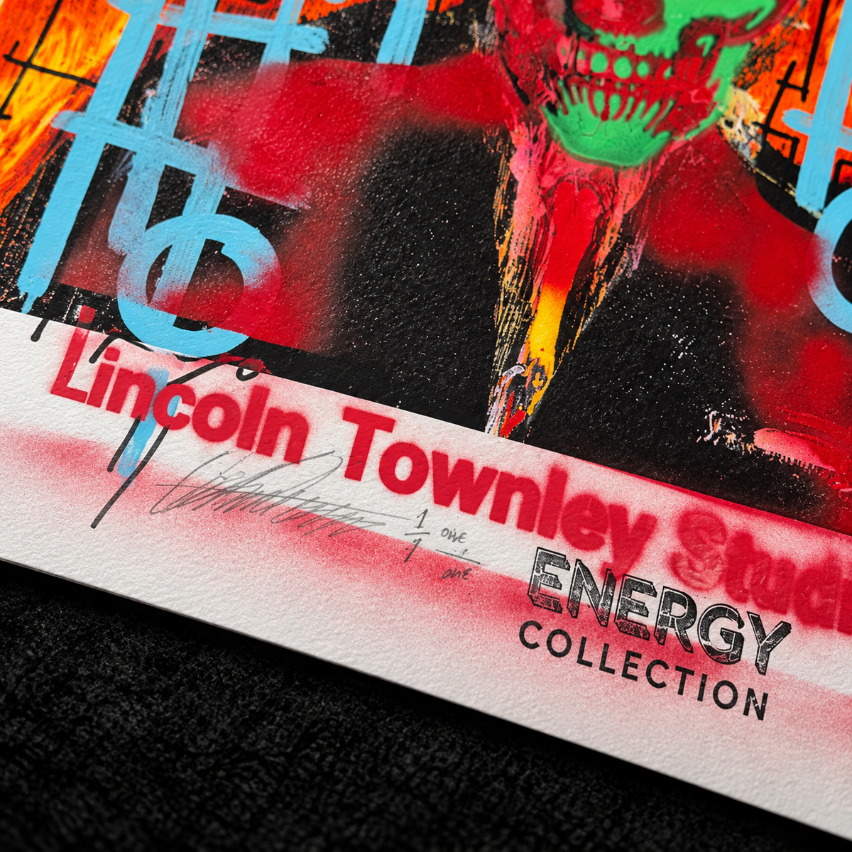 Close-up of the signature, edition number and studio stamps on Skull Banker Print 03 — Energy Lines