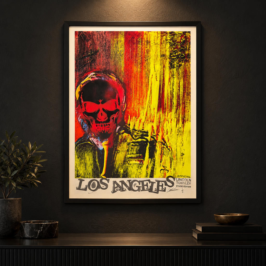 Skull Banker Print 04 — Los Angeles displayed in a black frame on a dark gallery wall