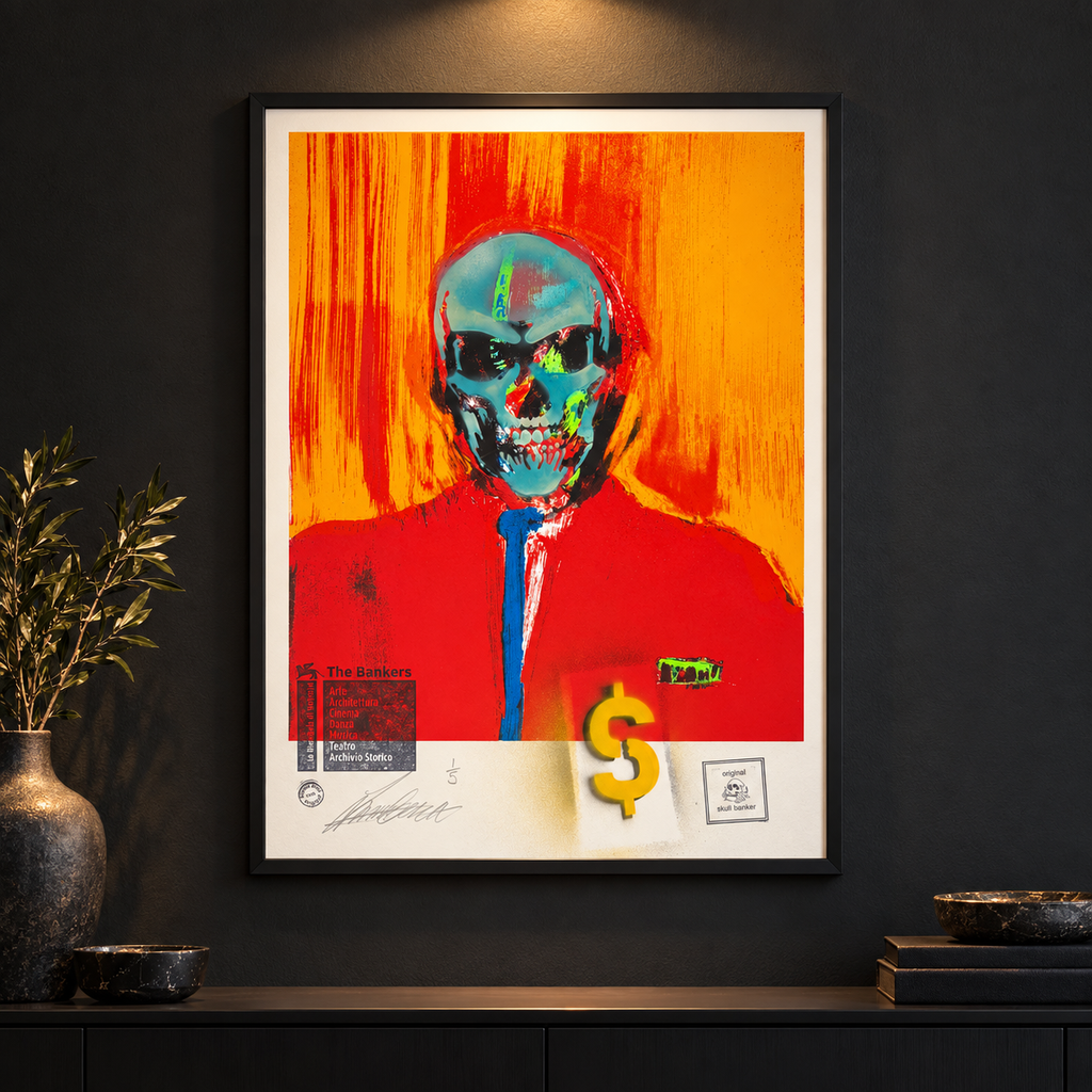 Skull Banker Print 05 — The Banker displayed in a black frame on a dark gallery wall