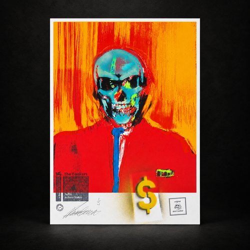 Skull Banker Print 05 The Banker — A2 screen print on black gallery background
