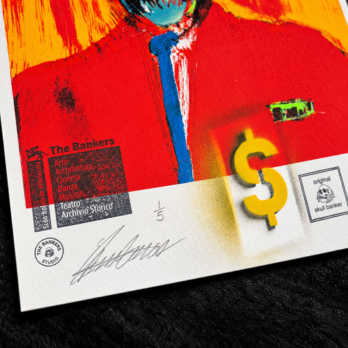 Close-up of the signature, edition number and studio stamps on Skull Banker Print 05 — The Banker