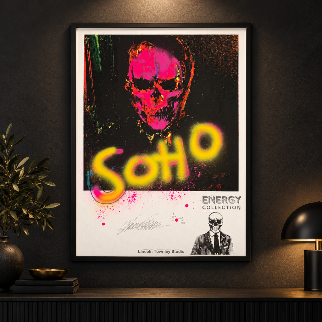Skull Banker Print 06 — Soho displayed in a black frame on a dark gallery wall