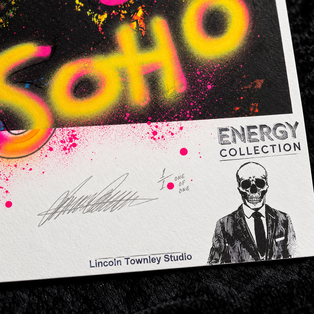 Close-up of the signature, edition number and studio stamps on Skull Banker Print 06 — Soho